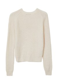 Helle cremefarbene Strickjacke mit gerippter Textur, Rundhalsausschnitt und langen Ärmeln. Der Saum endet knapp über der Taille. Keine sichtbaren Verzierungen.