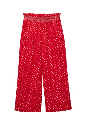 Pantalon rouge à jambes larges avec pois blancs, taille élastiquée froncée et poches plaquées à l'avant.