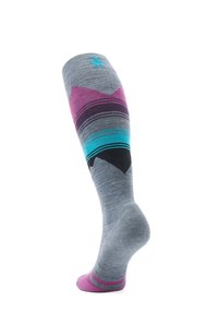 Skarpetki do kolan w kolorze szarym z wzorami w odcieniach fioletu, czerni i bł�ękitu. Posiadają wzmocnioną piętę i palec, miękką teksturę oraz elastyczny mankiet.