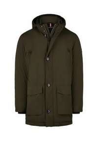 Veste rembourrée vert olive avec une capuche, dotée d'une fermeture éclair à l'avant et de boutons-pression, de deux poches plaquées à l'avant et d'une poche poitrine zippée.