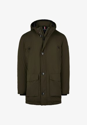 Olivgrüner gepolsterter Jacket mit Kapuze, mit einem Reißverschluss vorne und Druckknopfverschlüssen, zwei aufgesetzten Fronttaschen und einer Reißverschlusstasche auf der Brust.