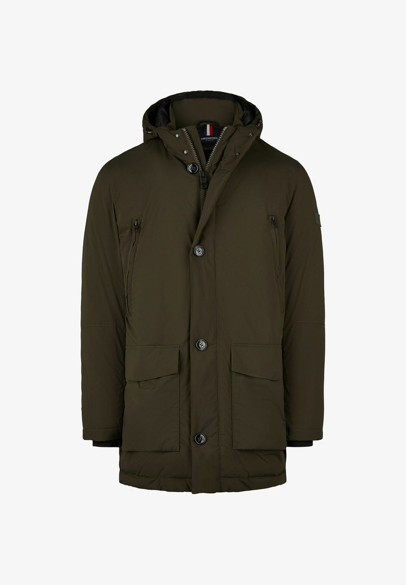 Veste rembourrée vert olive avec une capuche, dotée d'une fermeture éclair à l'avant et de boutons-pression, de deux poches plaquées à l'avant et d'une poche poitrine zippée.