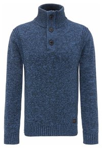 Blauer Strickpullover mit hohem Kragen, versehen mit drei dunklen Knöpfen, gerippten Bündchen und einem strukturierten Muster im gesamten Stoff.