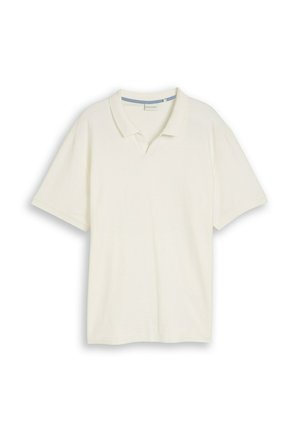 Weißes kurzärmeliges Poloshirt mit Kragen und einer kleinen v-förmigen Öffnung am Halsausschnitt, dargestellt auf weißem Hintergrund.