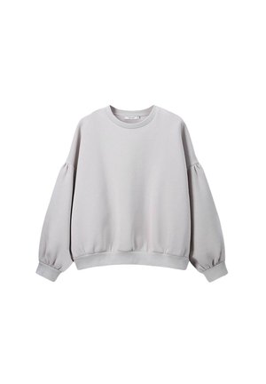 Light gray sweatshirt with ribbed cuffs and hem, soft texture, round neckline, and gathered sleeves for a relaxed fit.