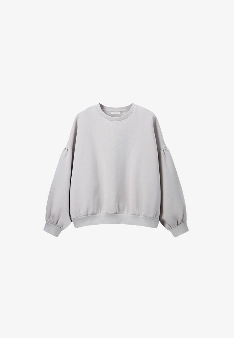 Sweatshirt gris clair avec des poignets et un ourlet côtelés, texture douce, col rond et manches froncées pour un ajustement décontracté.