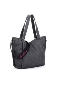 Borsa tote in pelle grigia con due manici, occhielli in metallo e una tracolla nera rimovibile con testo rosa. Texture liscia e design spazioso.