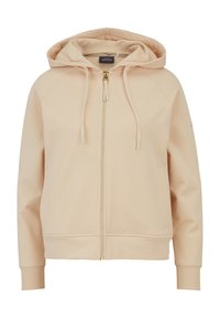 Light beige zip-up hooded sweatshirt with a gold zipper, raglan sleeves, ribbed cuffs, and two front pockets. Soft fabric texture.
