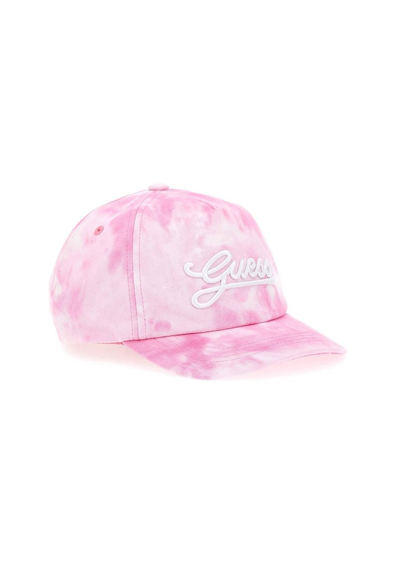 Gorra de béisbol en tie-dye rosa con el logotipo bordado en blanco "Guess", visera curva y correa trasera ajustable. Tejido de algodón con textura suave.