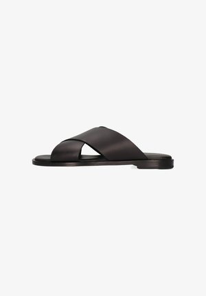 Czarna skórzana klapka z szerokimi skrzyżowanymi paskami i płaską podeszwą, widoczna z boku na białym tle.