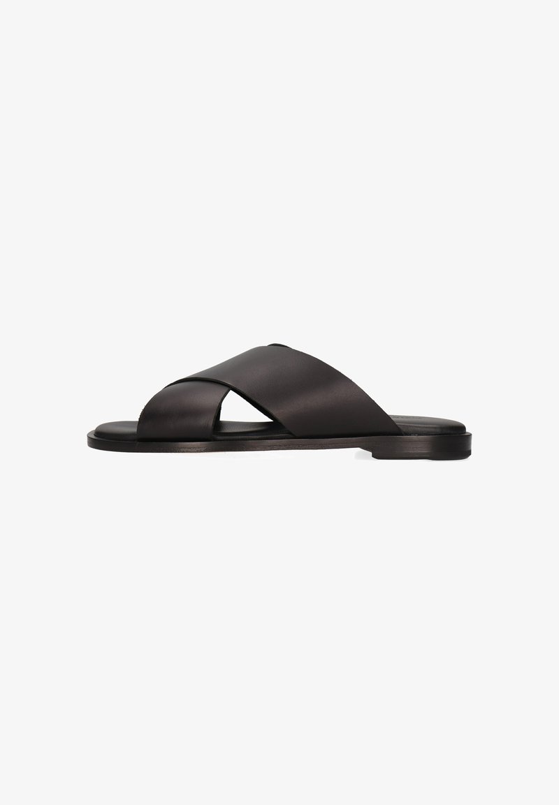 Sandale à enfiler en cuir noir avec larges brides croisées et semelle plate, vue de côté sur fond blanc.