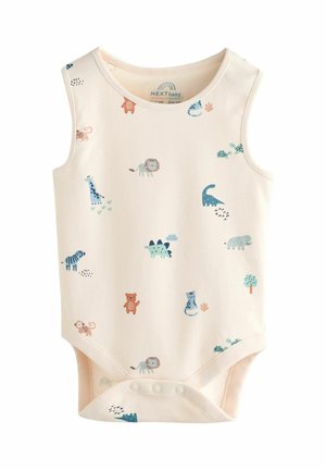 Light cream cotton sleeveless bodysuit featuring colorful animal patterns, including a lion, giraffe, and bear, with snap closure at the bottom.