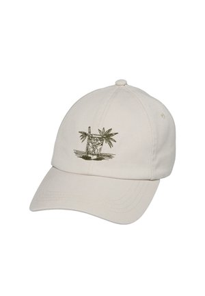 Beige Baseballkappe mit einem gestickten Design eines Cocktailglases und zwei Palmblättern auf dem Vorderteil.