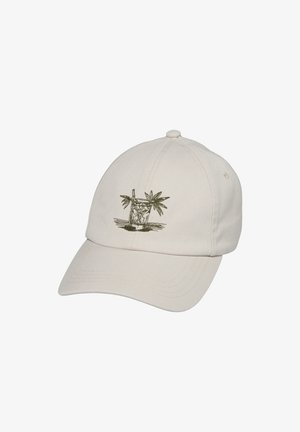 Beige baseball cap with embroidered design of a cocktail glass and two palm leaves on the front panel.
