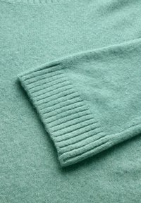 Mintgroene trui met een zachte textuur, voorzien van een geribbelde manchet en een gladde body. De stof lijkt lichtgewicht en comfortabel.
