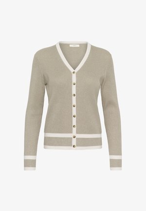 Beežist soonikkoega kardigan valge äärisega, V-kaelusega, pikkade varrukatega, ees pruunide nööpidega ning mansettidel ja äärel valgete triipudega.