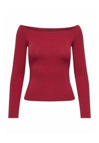 Crvena off-shoulder majica dugih rukava od prilagodljivog rebrastog materijala, s klasičnom siluetom i bezšivim dizajnom izreza.