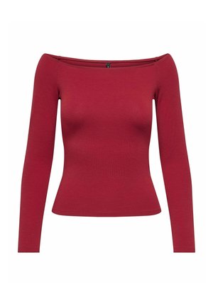 Haut rouge à épaules dénudées à manches longues en matériau côtelé ajusté, présentant une silhouette classique et un design de col sans couture.