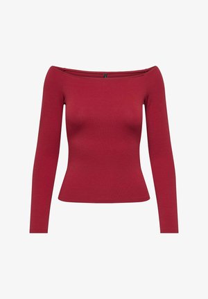 Haut rouge à épaules dénudées à manches longues en matériau côtelé ajusté, présentant une silhouette classique et un design de col sans couture.