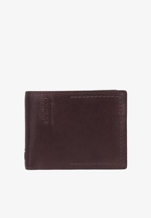 Dark brown leather bifold wallet with visible texture and stitched edges, embossed with the brand name "Strellson" on the front.