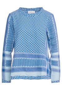 Maglia a maniche lunghe blu con motivo geometrico, colletto rotondo e diverse sfumature di blu in una trama tessuta.