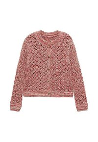 Červený pletený cardigan s volnou, otevřenou strukturou, kulatým výstřihem a zapínáním na knoflíky s kovovými knoflíky. Zkrácená délka s ribbovým lemem.