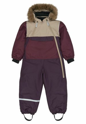 Child's insulated one-piece winter suit in beige and purple with fur-lined hood, front zipper, large pocket, elastic cuffs, and reflective strip on leg.