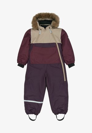 Combinaison d'hiver isolante pour enfant beige et violette avec capuche doublée de fourrure, fermeture éclair frontale, grande poche, poignets élastiques et bande réfléchissante sur la jambe.