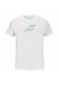Camiseta de algodón blanca con un logo geométrico en verde menta con rayas horizontales en el centro. Cuello redondo clásico y mangas cortas.