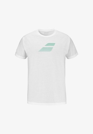 Camiseta de algodón blanca con un logo geométrico en verde menta con rayas horizontales en el centro. Cuello redondo clásico y mangas cortas.