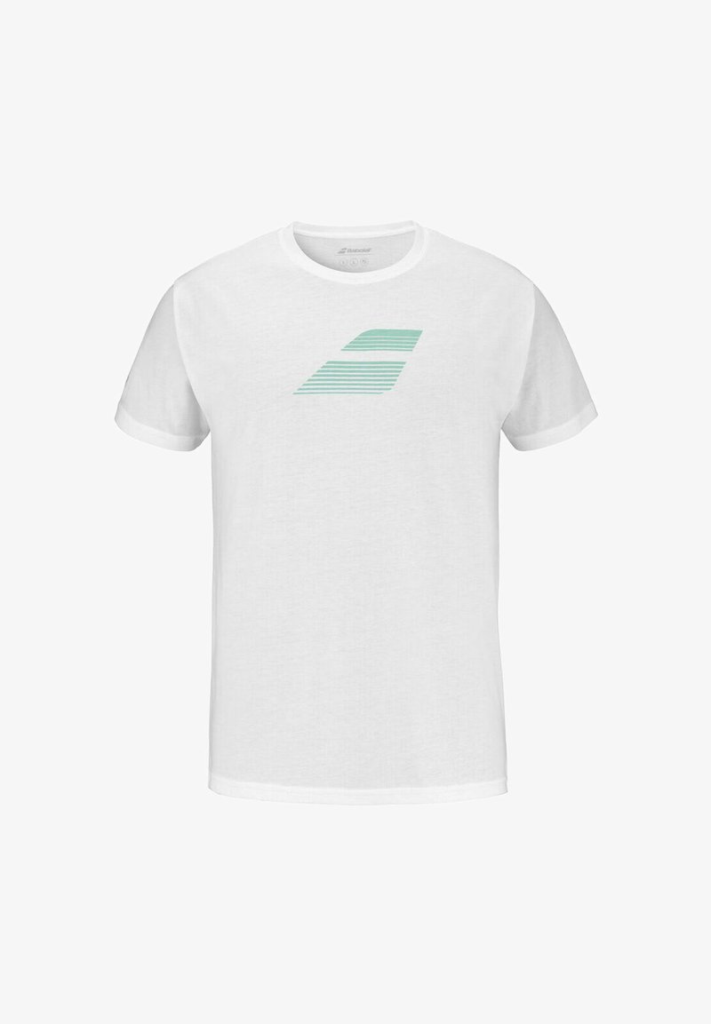 Camiseta de algodón blanca con un logo geométrico en verde menta con rayas horizontales en el centro. Cuello redondo clásico y mangas cortas.