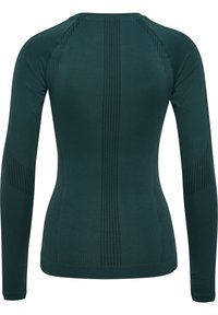 Lange mouwen, teal sporttop gemaakt van ademend materiaal, met textuurpanelen, mesh-details en een aansluitend ontwerp.