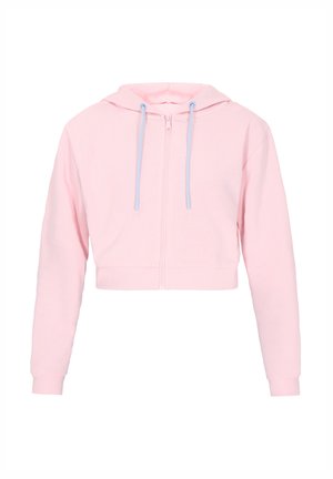 Kratka roza kapuca iz mehkega materiala, z sprednjim zadrgo in kapuco s svetlo modrimi šnuricami. Dolgi rokavi in rebrasti manšeti.