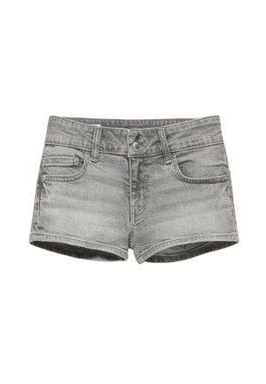 Verwaschene graue Denim-Shorts mit Gürtelschlaufen, Vordertaschen und zwei Metallknöpfen am Bund.