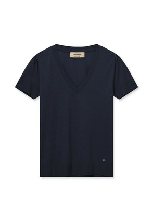 Navy blue V-neck T-shirt with short puff sleeves, textured fabric, ribbed neckline, and small logo accent at the bottom left hem.