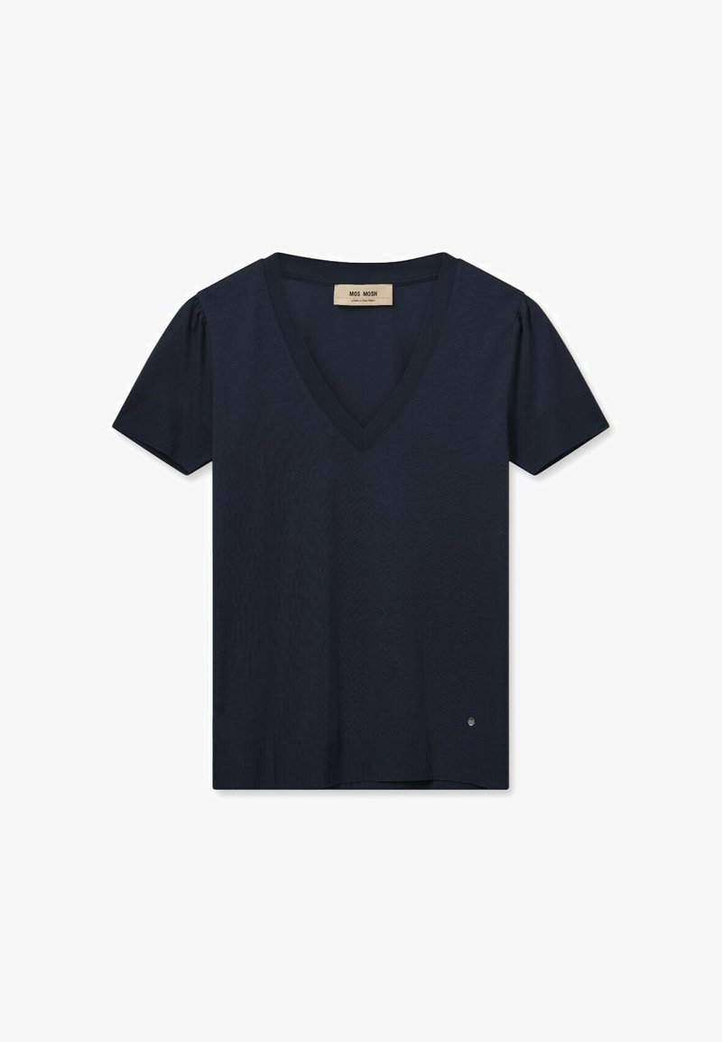 Tmavě modré tričko s V výstřihem a krátkými bolerkovými rukávy, texturovaná látka, žebrovaný výstřih a malý logový akcent na dolním levém lemu.