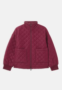 Burgundy quilted jacket with a high collar, zip closure, two front pockets, and elasticized cuffs. Features a diamond pattern throughout.