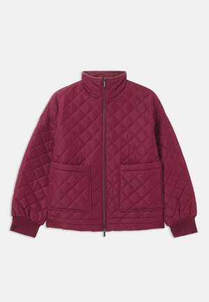 Burgunderfarbige Steppjacke mit hohem Kragen, Reißverschluss, zwei Fronttaschen und elastischen Bündchen. Verfügt über ein durchgehendes Rautenmuster.