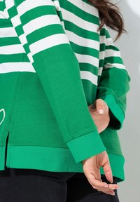 Groen-wit gestreepte sweatshirt met lange mouwen, geribbelde manchetten, zijopeningen en een zachte textuur, afgebeeld tegen een neutrale achtergrond.