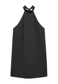 Zwart halterjurk met een hoge halslijn, een keyhole-detail en zonder mouwen. Heeft een gladde textuur en een losse pasvorm.