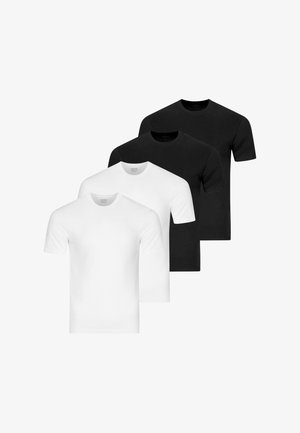 Due T-shirt a maniche corte con scollo rotondo, due nere e due bianche, disposte alternando i colori, su uno sfondo bianco.