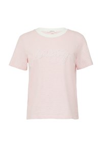 Roze en witte gestreepte t-shirt met korte mouwen, voorzien van een textuur ontwerp van "gelukkig" in witte draad aan de voorkant.