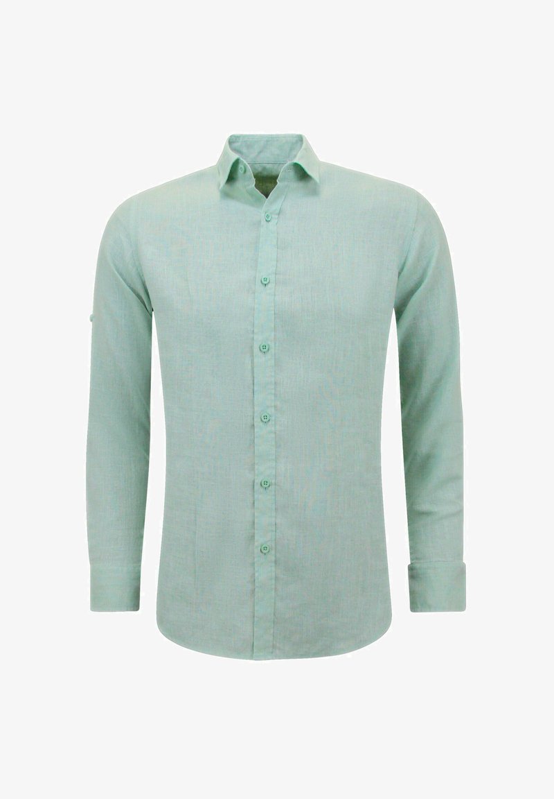 Lichtgroen overhemd met lange mouwen van linnen, met een klassieke kraag, knoopsluiting aan de voorkant en een rechte snit met subtiele textuur en zonder patronen.