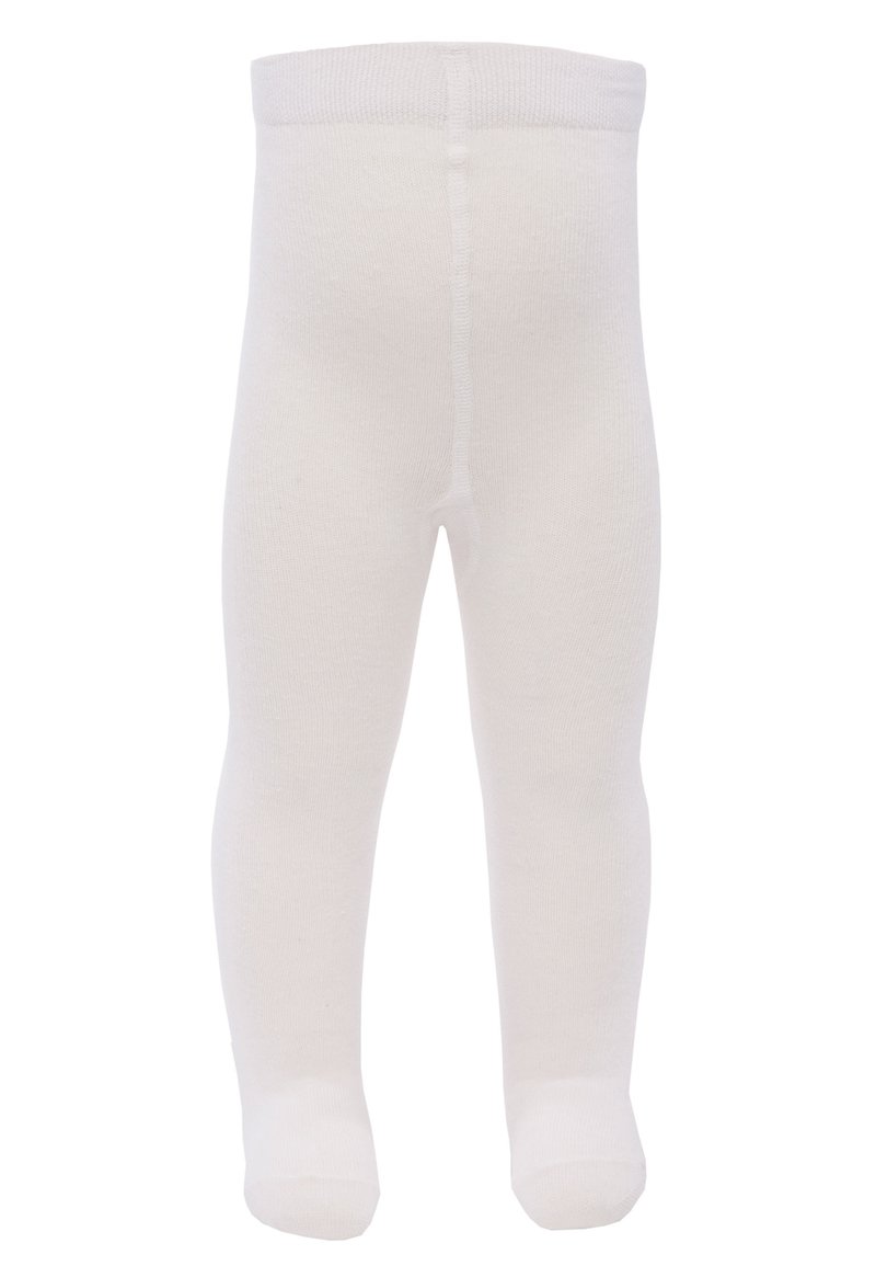 Weiße Baumwollbabytights mit weicher Textur, leicht gerippter Taillenbund und nahtlosen Beinen. Sie haben geschlossene Zehen und eine glatte Oberfläche.