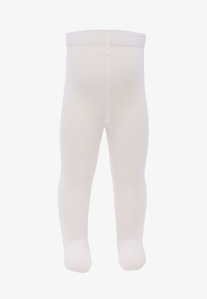 Weiße Baumwollbabytights mit weicher Textur, leicht gerippter Taillenbund und nahtlosen Beinen. Sie haben geschlossene Zehen und eine glatte Oberfläche.