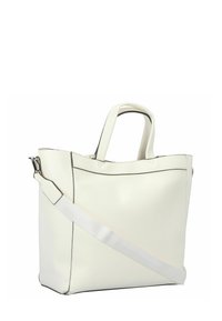 White synthetic tote bag with contrasting black trim, dual top handles, and a detachable strap for crossbody wear. Smooth texture.