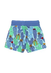 Shorts mit einem Kaktusdruck in verschiedenen Farben, darunter Blau, Grün und Orange. Elastischer Bund; glatter Stoff. 