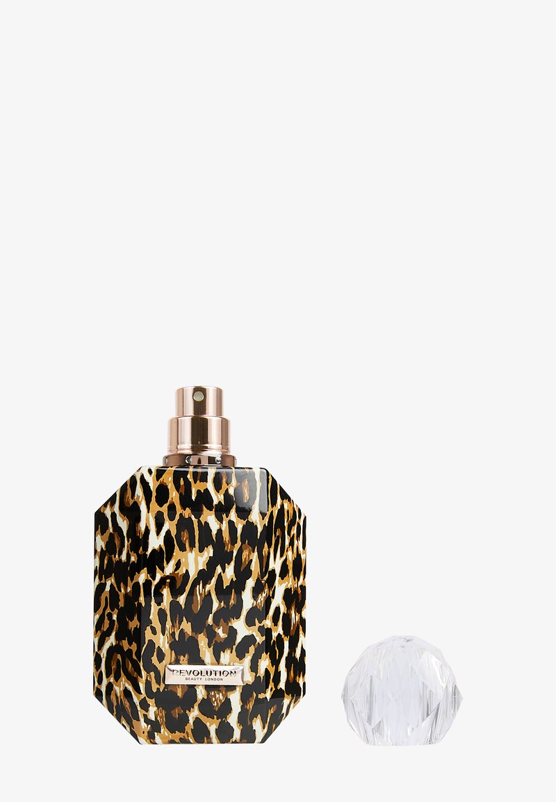 Leopardmønstret oktagonal parfymeflaske med en roségull spraydyse, akkompagnert av en fasettert klar krone.