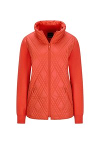Damenjacke in leuchtendem Orange, gesteppte Optik, mit durchgehendem Reißverschluss, hohem Kragen, seitlichen Reißverschlusstaschen und langen, einfarbigen Ärmeln.