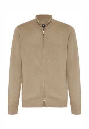Beige zip-up cardigan made of textured knit fabric, featuring a high collar and ribbed cuffs. Two silver-tone zipper pulls at the front.